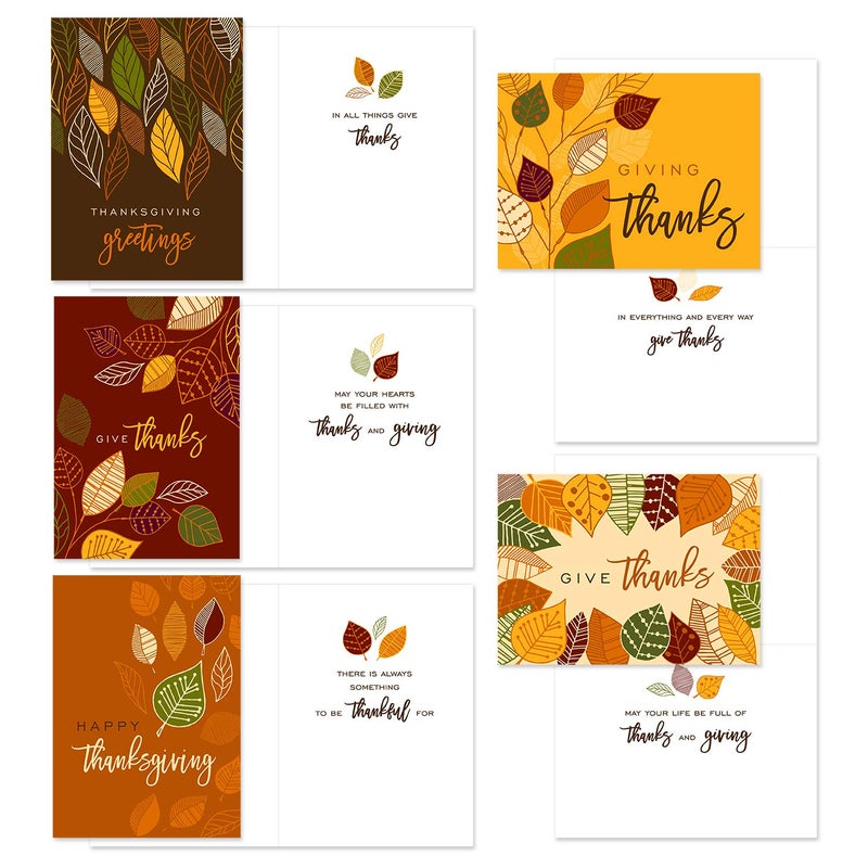 Canopy Street Modern Thanksgiving Cards / 24 Grateful Greeting Cards With Envelopes / 4 5/8" x 6 1/4" Fall Cards / 6 Festive Holiday Autumn Leaves Designs - Image 3
